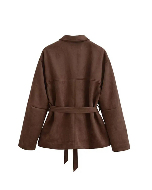 Elegant suede kimono jacket with waist belt.