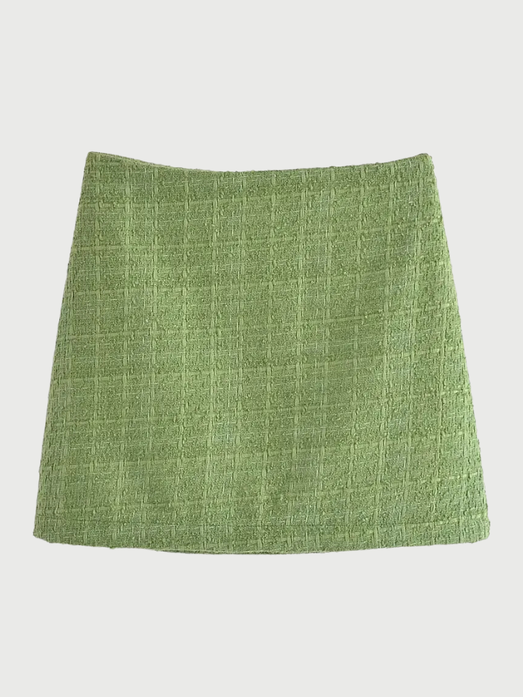 Green tweed set with heart buttons – stylish and versatile.