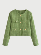 Green tweed set with heart buttons – stylish and versatile.