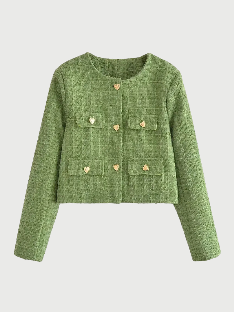 Green tweed set with heart buttons – stylish and versatile.
