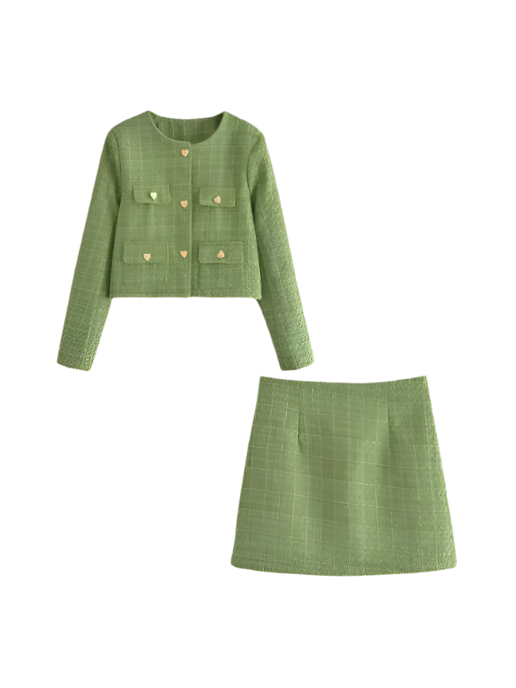Green tweed set with heart buttons – stylish and versatile.