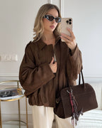 Vintage suede bomber jacket– elegant style and timeless design.-Jackets-Olive-S-Lyle and Oak